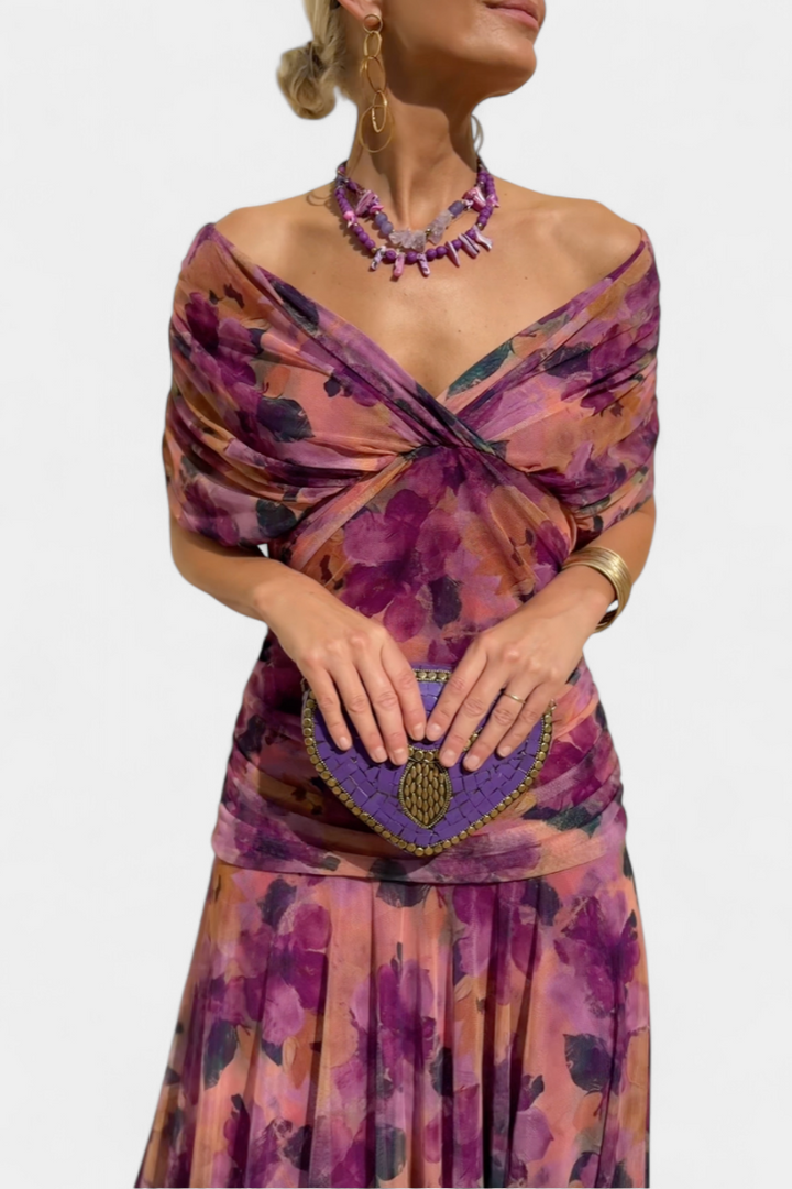 Elfriede | Damen Off-Shoulder Gerafftes Maxi Kleid
