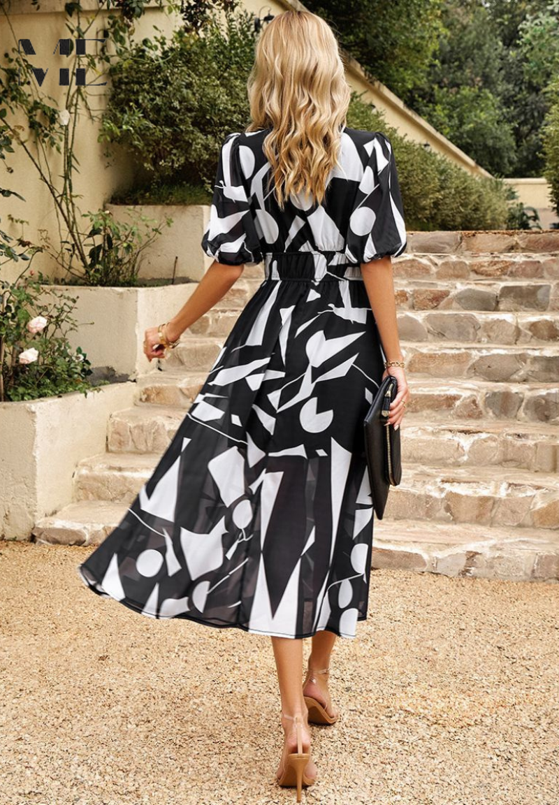 Doris | Damen Abstrakt Print Wickel Midi Kleid