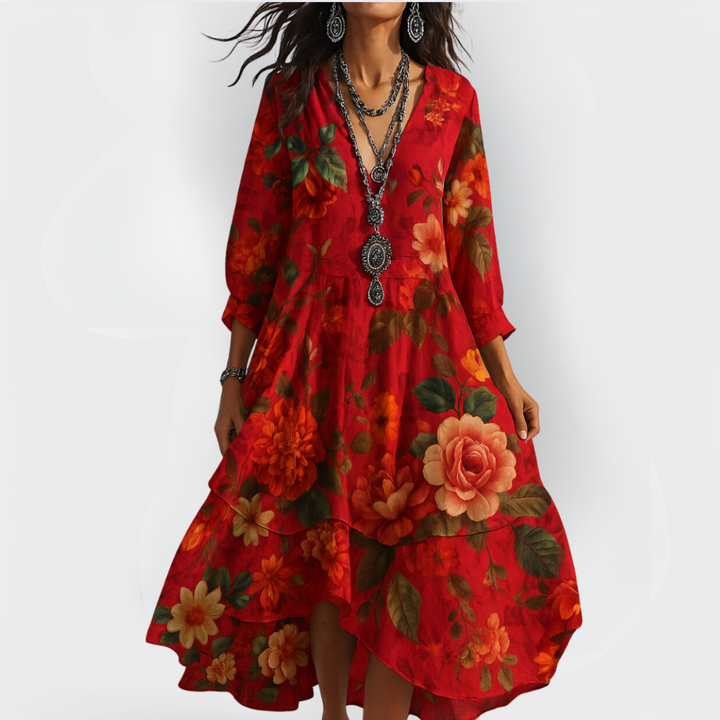 Eva | Damen Vintage Boho V-Ausschnitt Sommerkleid