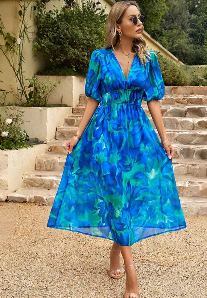 Doris | Damen Abstrakt Print Wickel Midi Kleid