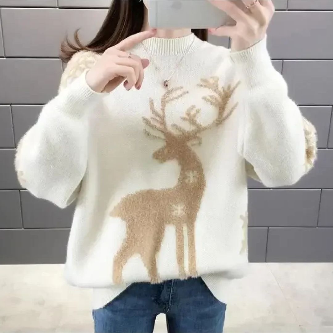 Doris | Gestrickter Damen-Weihnachtspullover mit Rentiermotiv