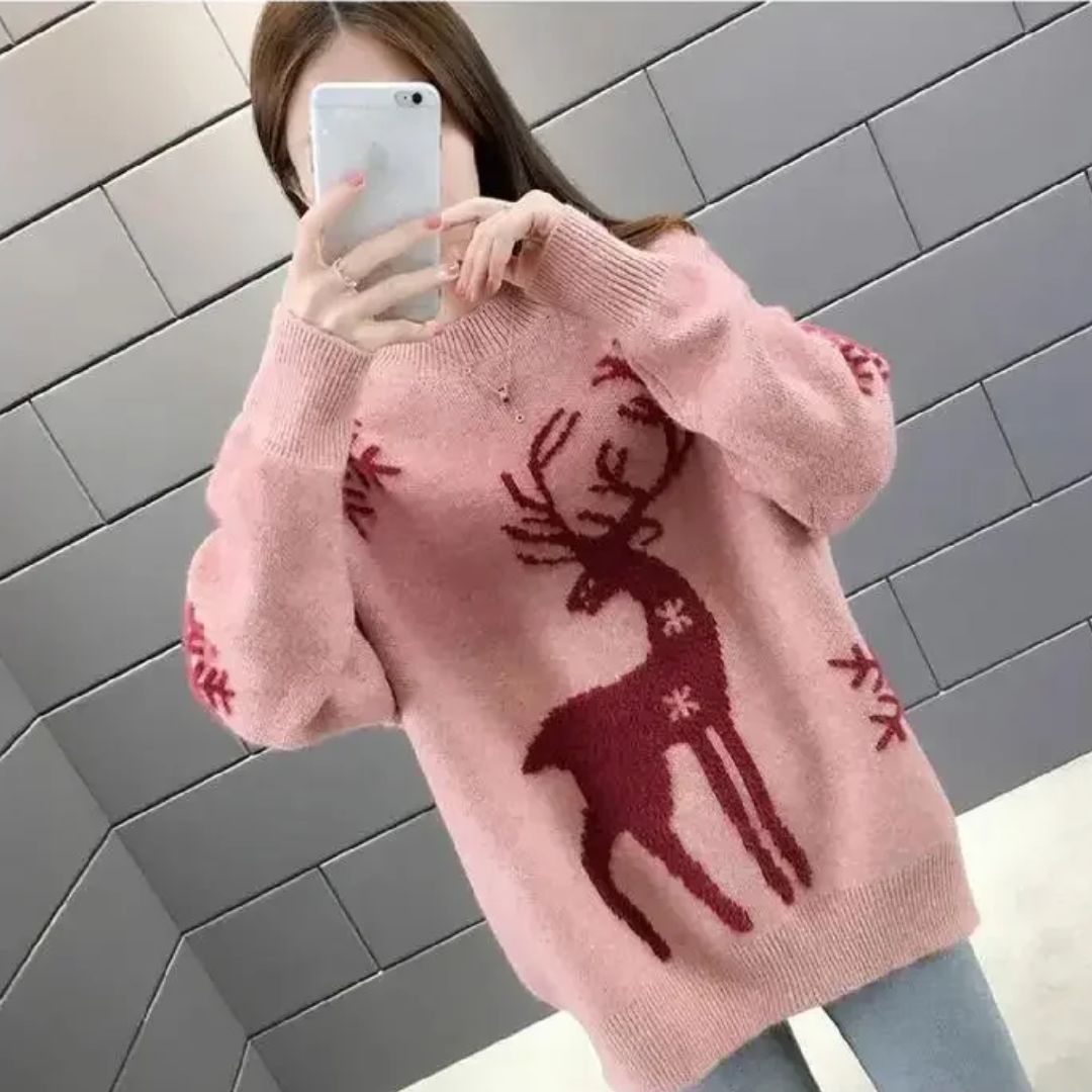 Doris | Gestrickter Damen-Weihnachtspullover mit Rentiermotiv