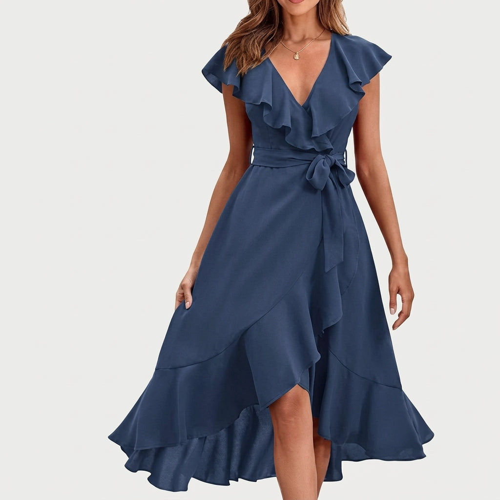 Clara | Damen Wickelkleid mit Rüschenärmeln und asymmetrischem Midi-Saum
