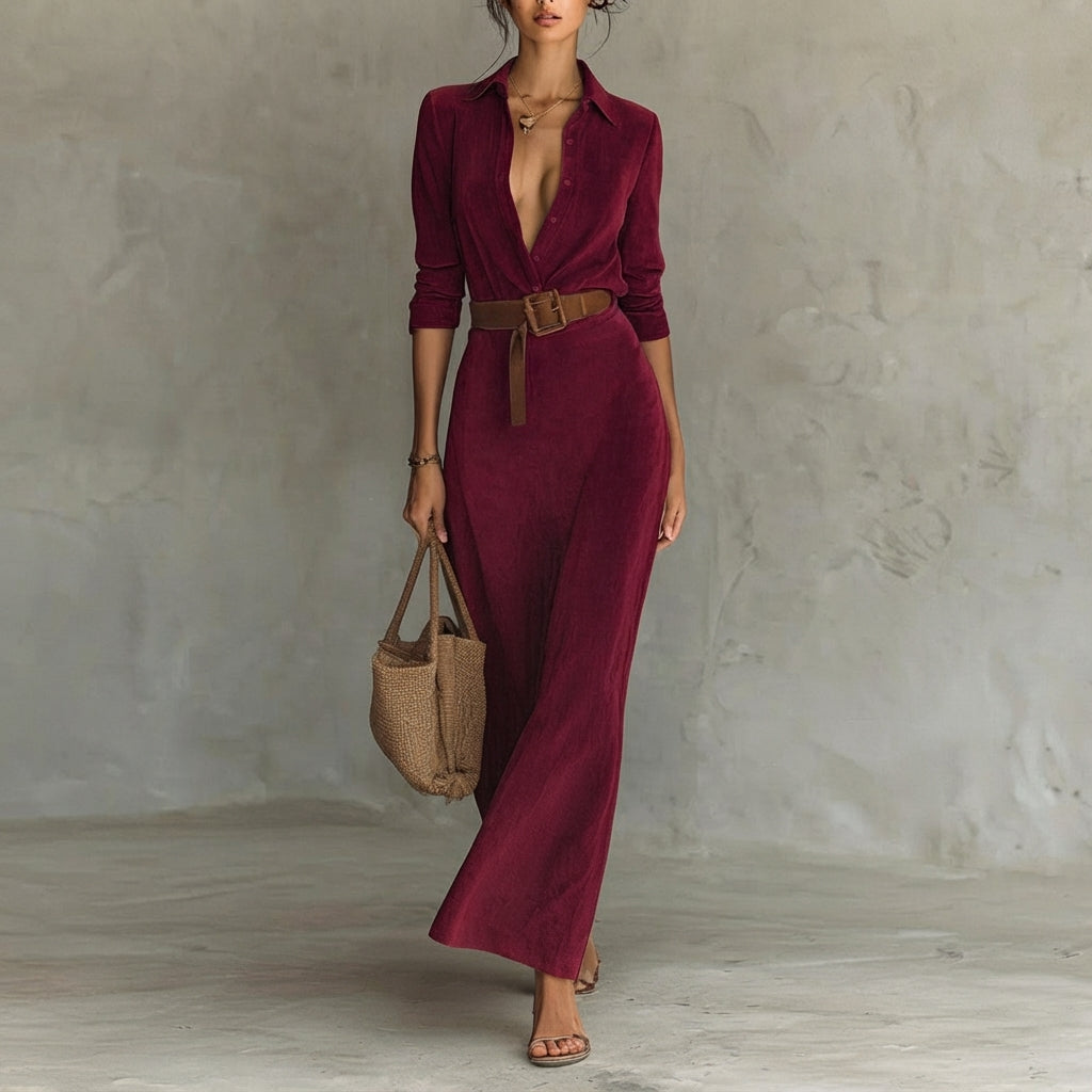 Katharina | Damen Langarm-Maxikleid figurbetonend tailliert mit Gürtel