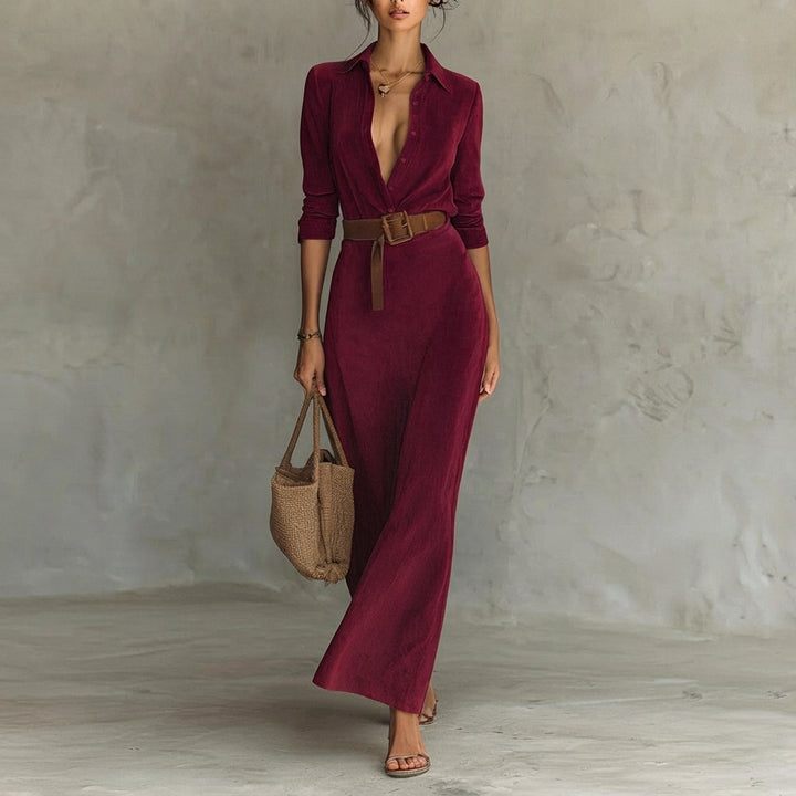 Katharina | Damen Langarm-Maxikleid figurbetonend tailliert mit Gürtel
