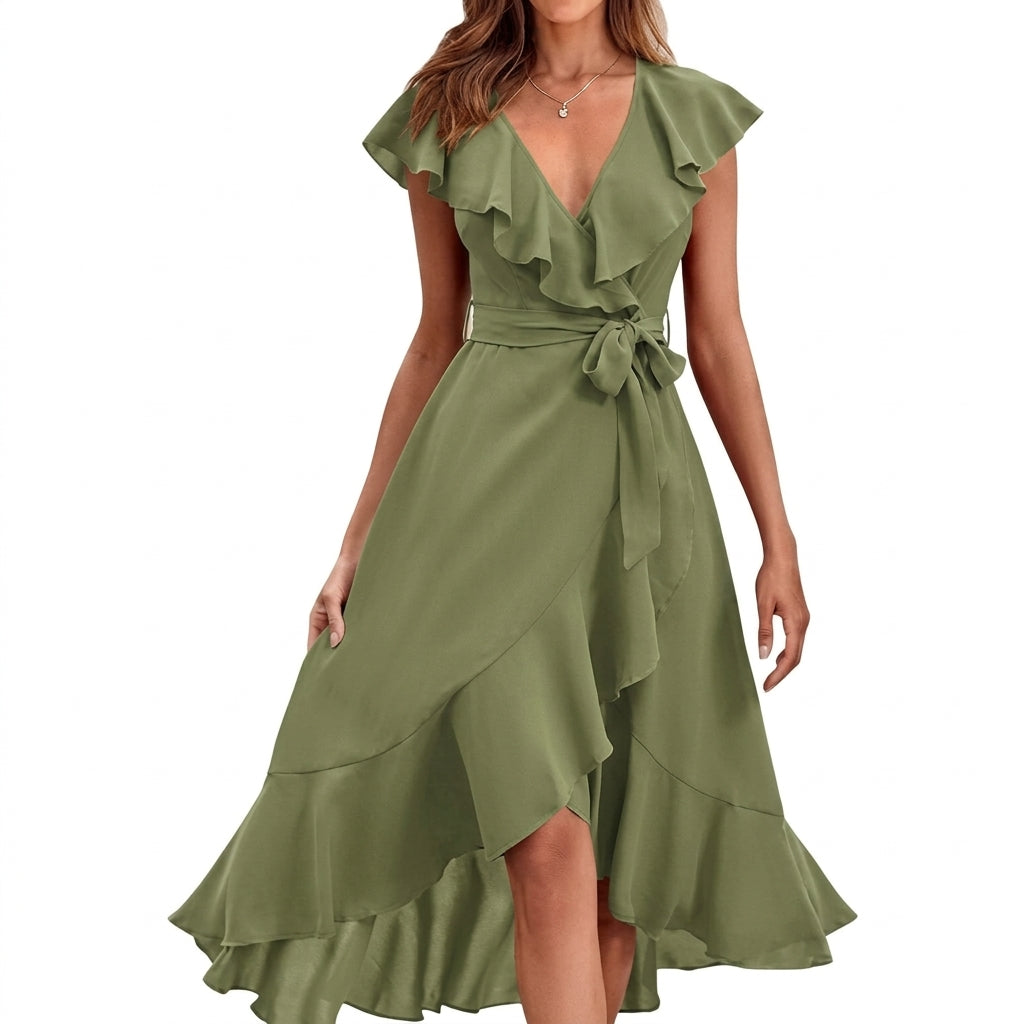 Clara | Damen Wickelkleid mit Rüschenärmeln und asymmetrischem Midi-Saum