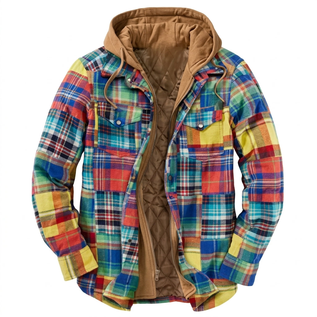 Simon | Herren Patchwork Flanelljacke Winter Gefüttert Kapuze Reißverschluss