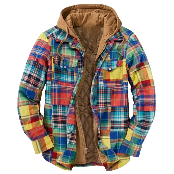 Simon | Herren Patchwork Flanelljacke Winter Gefüttert Kapuze Reißverschluss
