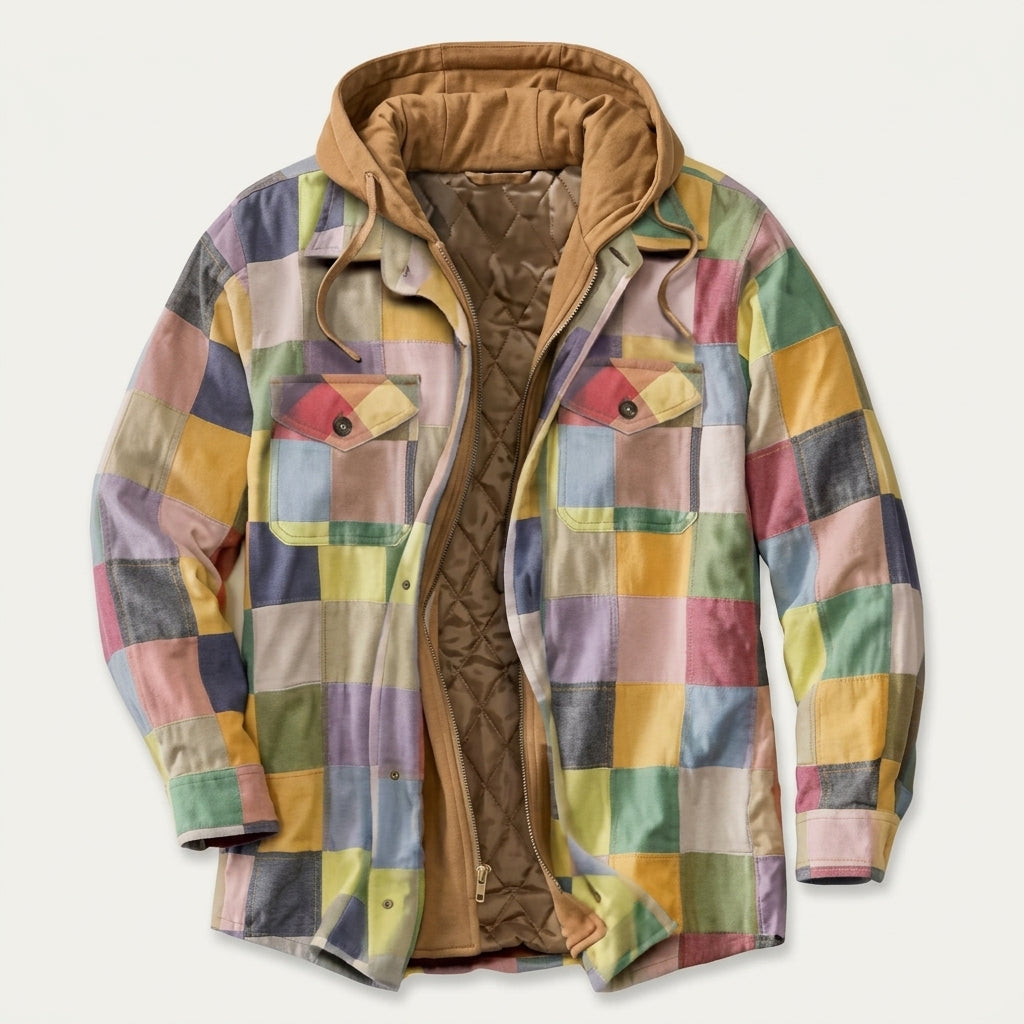 Simon | Herren Patchwork Flanelljacke Winter Gefüttert Kapuze Reißverschluss