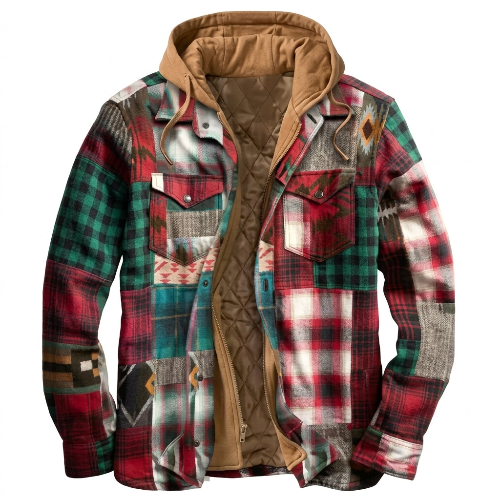 Simon | Herren Patchwork Flanelljacke Winter Gefüttert Kapuze Reißverschluss