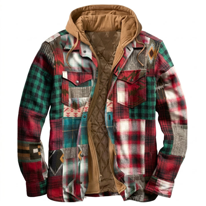 Simon | Herren Patchwork Flanelljacke Winter Gefüttert Kapuze Reißverschluss