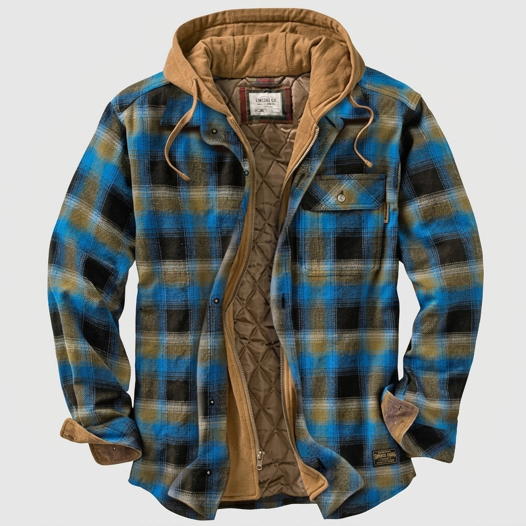 Simon | Herren Patchwork Flanelljacke Winter Gefüttert Kapuze Reißverschluss