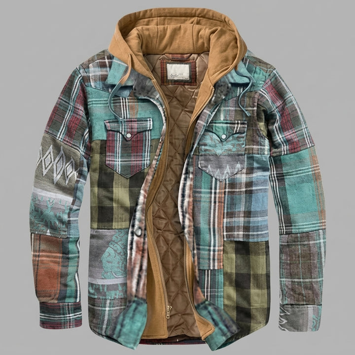Simon | Herren Patchwork Flanelljacke Winter Gefüttert Kapuze Reißverschluss