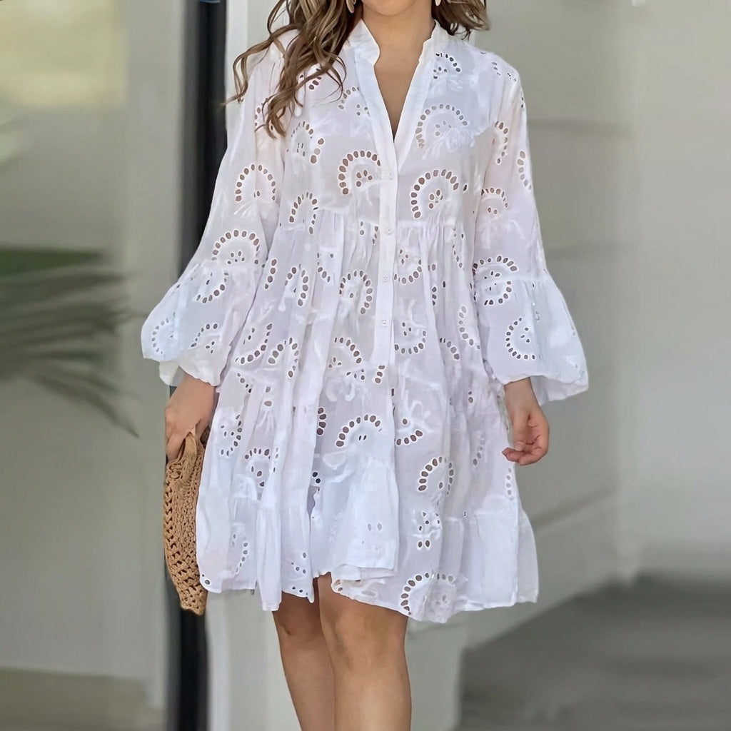 Elfriede | Damen Boho Stufenkleid V-Ausschnitt Dreiviertel-Ärmel