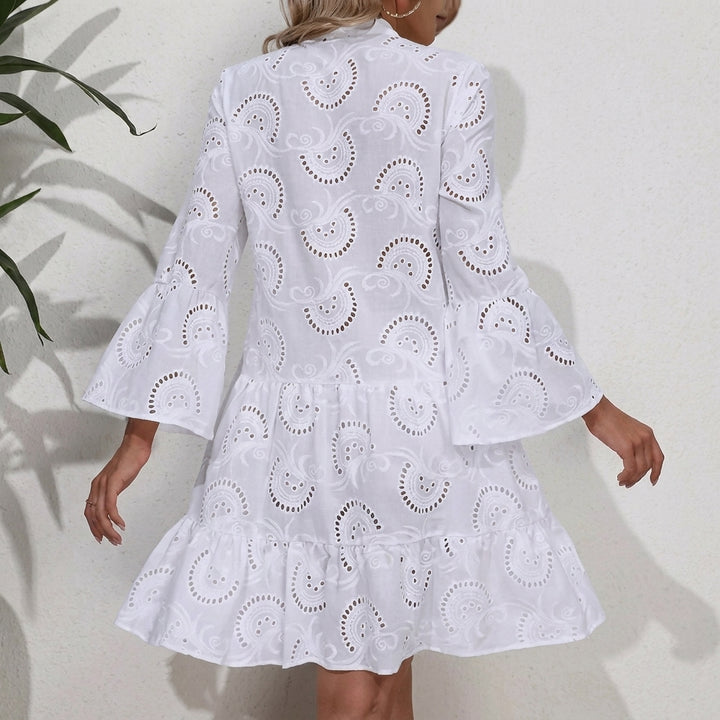 Elfriede | Damen Boho Stufenkleid V-Ausschnitt Dreiviertel-Ärmel