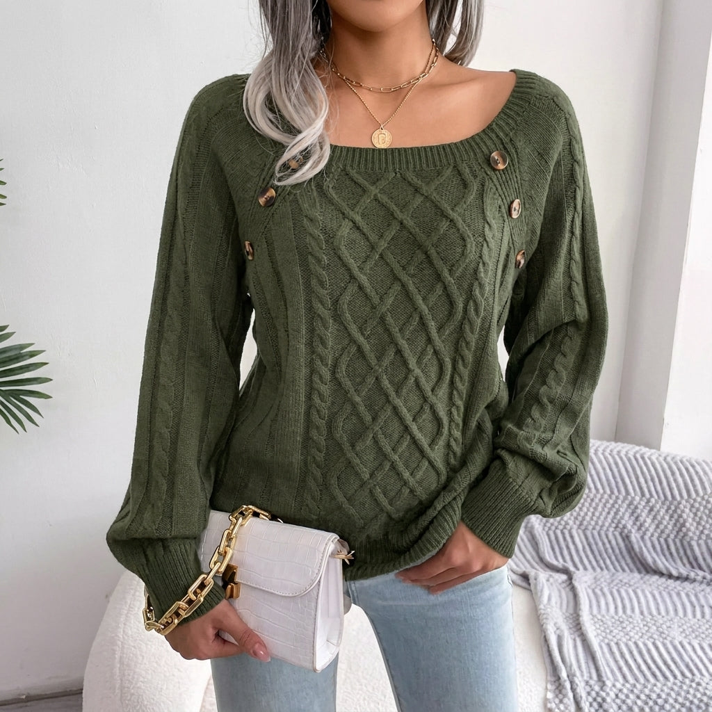 Leonie | Damen Zopfmuster Knit Sweater Rundhals Raglanärmel mit Knöpfen