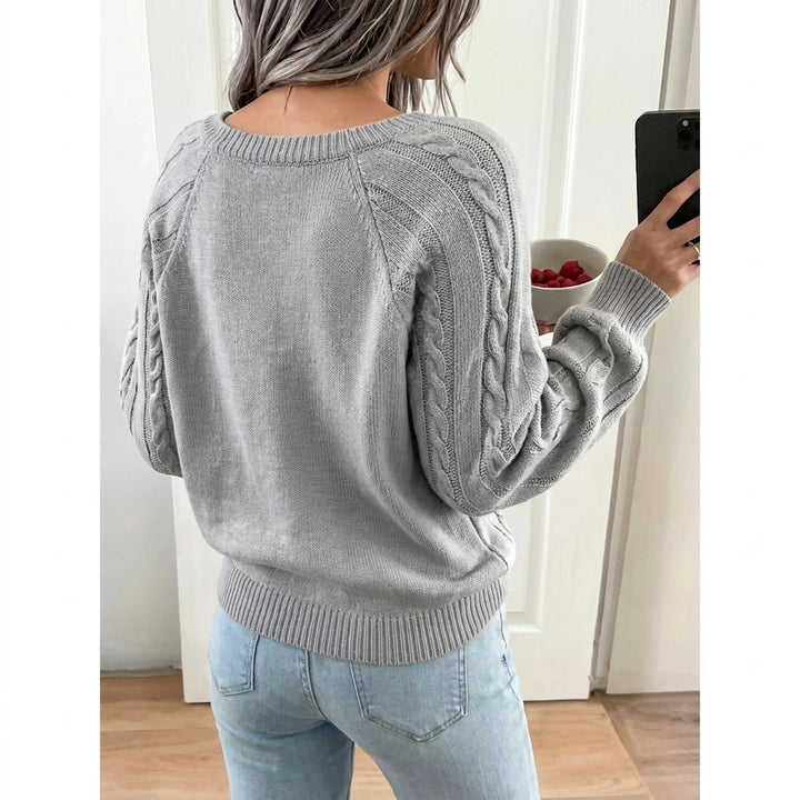 Leonie | Damen Zopfmuster Knit Sweater Rundhals Raglanärmel mit Knöpfen