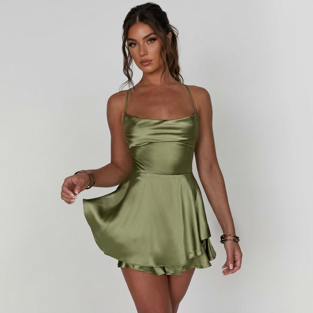 Amelie | Damen Satinoptik Rückenfreies Cocktailkleid Geraffter Taille Minirock