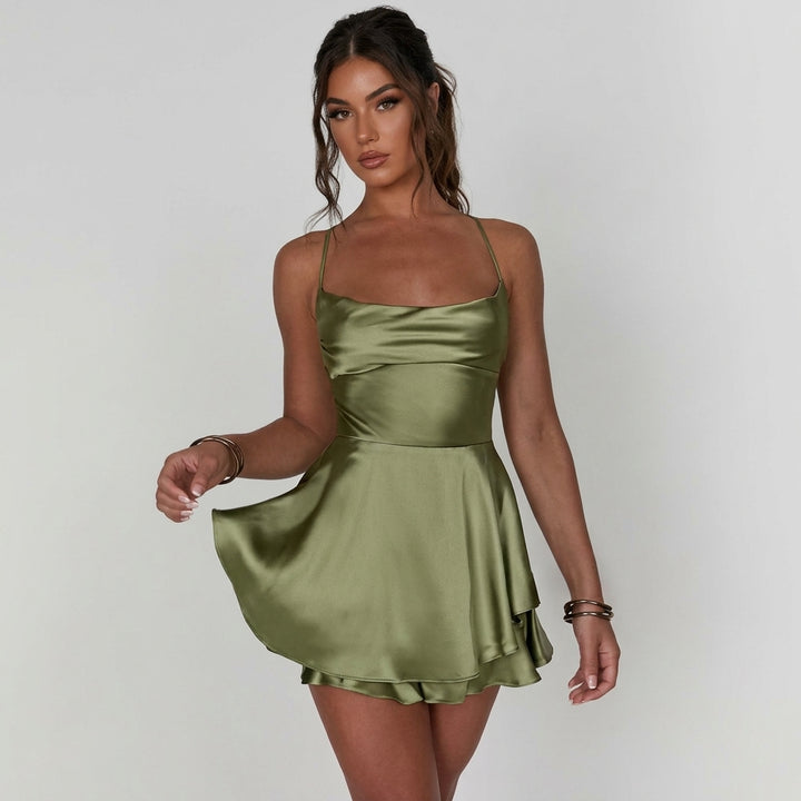 Amelie | Damen Satinoptik Rückenfreies Cocktailkleid Geraffter Taille Minirock