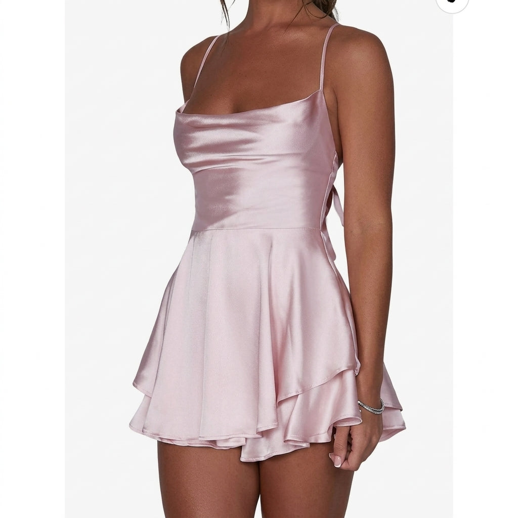 Amelie | Damen Satinoptik Rückenfreies Cocktailkleid Geraffter Taille Minirock