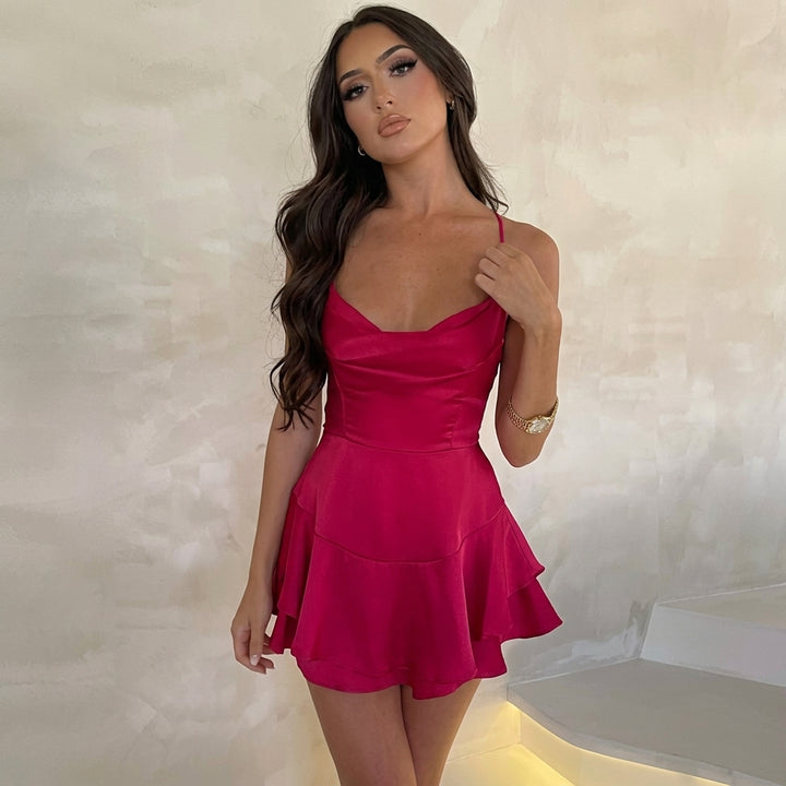 Amelie | Damen Satinoptik Rückenfreies Cocktailkleid Geraffter Taille Minirock