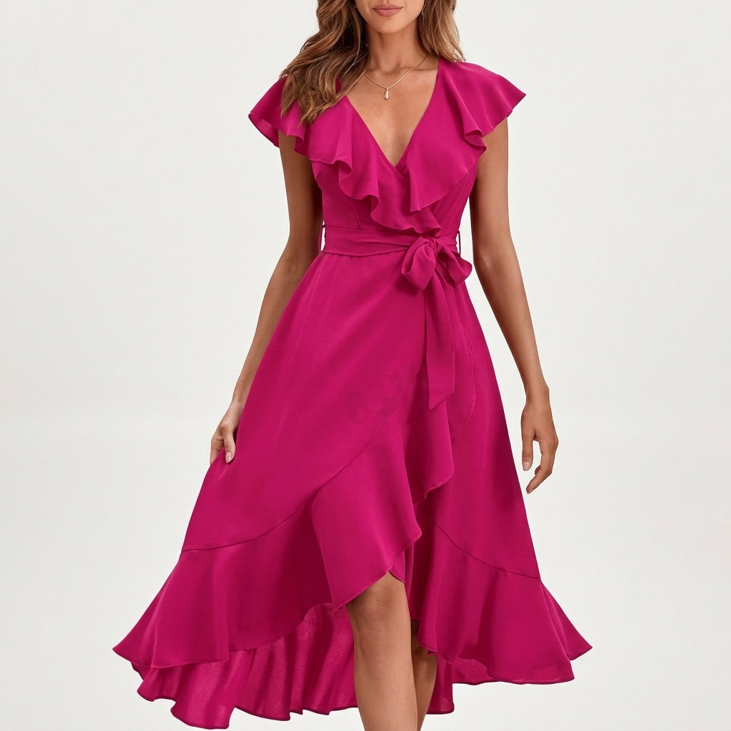 Clara | Damen Wickelkleid mit Rüschenärmeln und asymmetrischem Midi-Saum