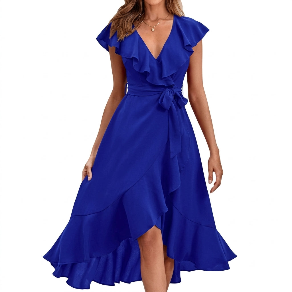 Clara | Damen Wickelkleid mit Rüschenärmeln und asymmetrischem Midi-Saum