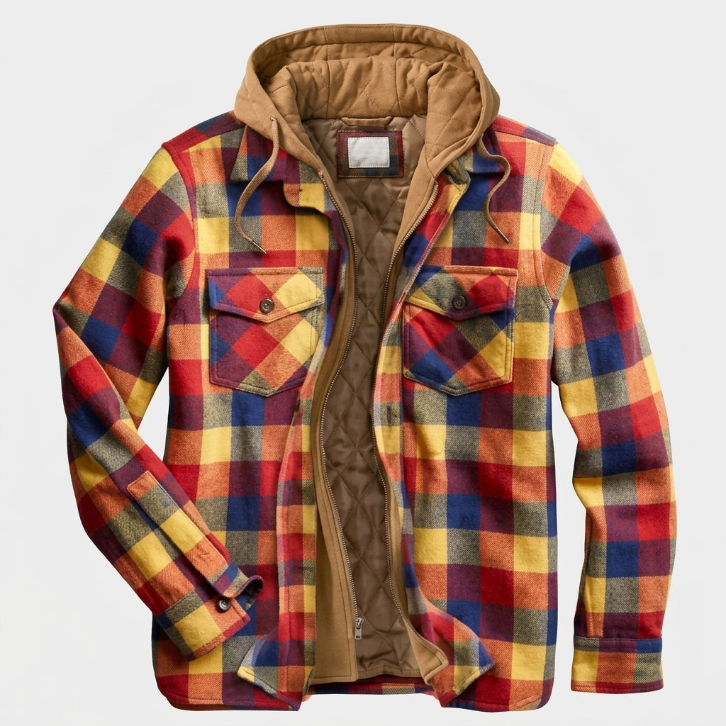 Simon | Herren Patchwork Flanelljacke Winter Gefüttert Kapuze Reißverschluss
