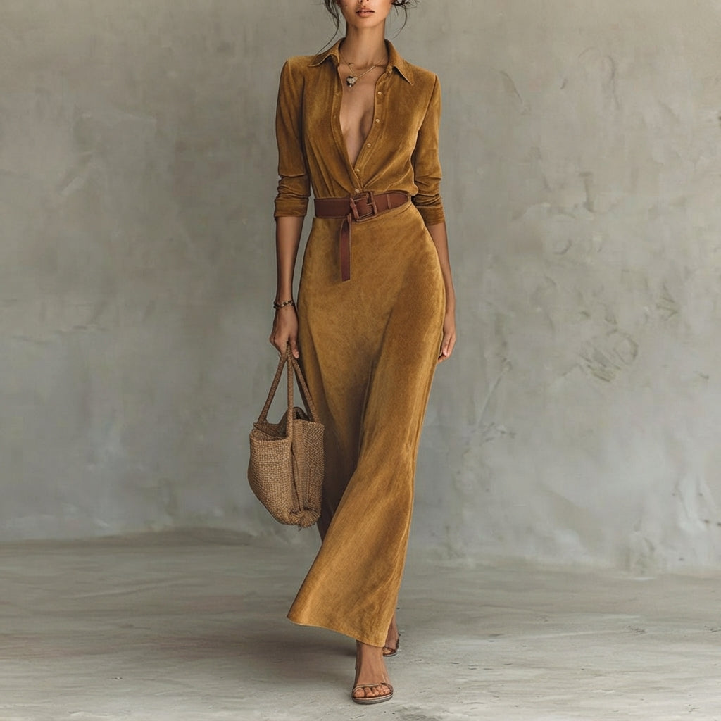 Katharina | Damen Langarm-Maxikleid figurbetonend tailliert mit Gürtel