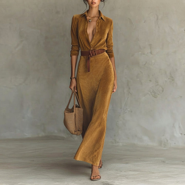Katharina | Damen Langarm-Maxikleid figurbetonend tailliert mit Gürtel