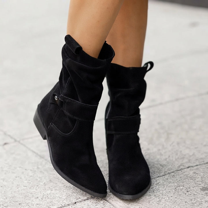 Frieda | Damen Knee High Boots Wildlederimitat Schlupfstiefel mit Blockabsatz