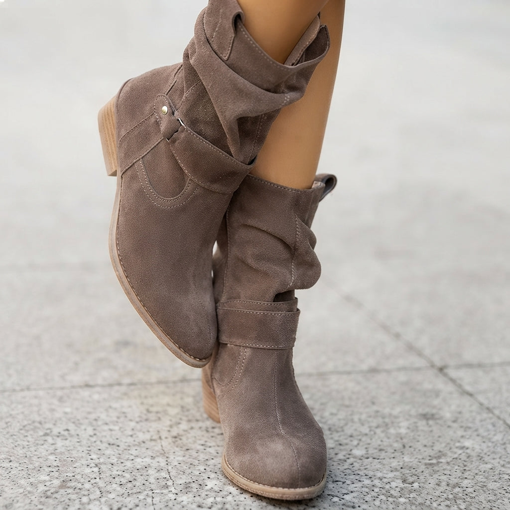 Frieda | Damen Knee High Boots Wildlederimitat Schlupfstiefel mit Blockabsatz