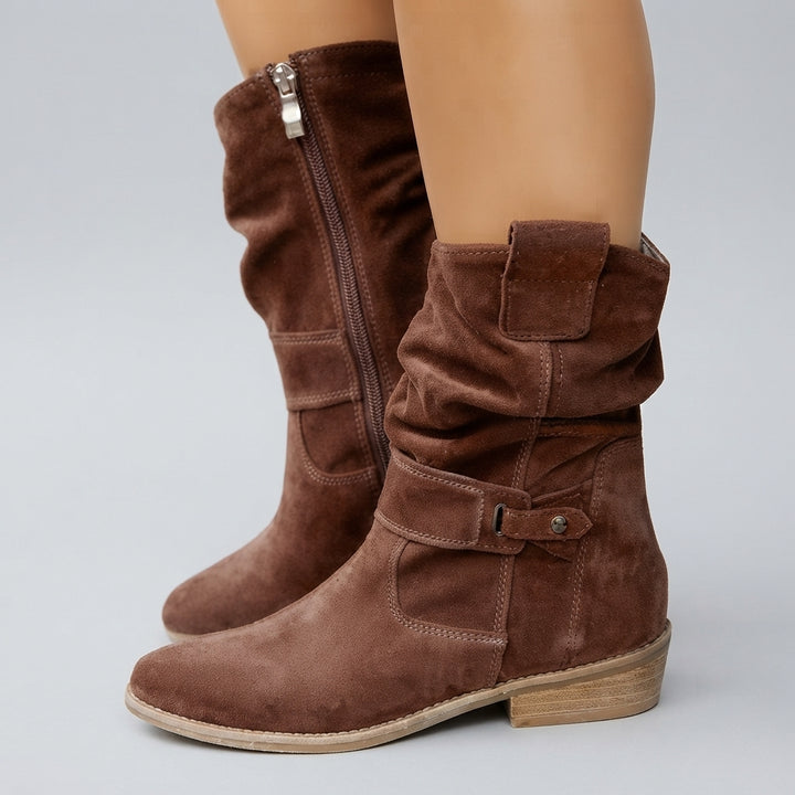 Frieda | Damen Knee High Boots Wildlederimitat Schlupfstiefel mit Blockabsatz