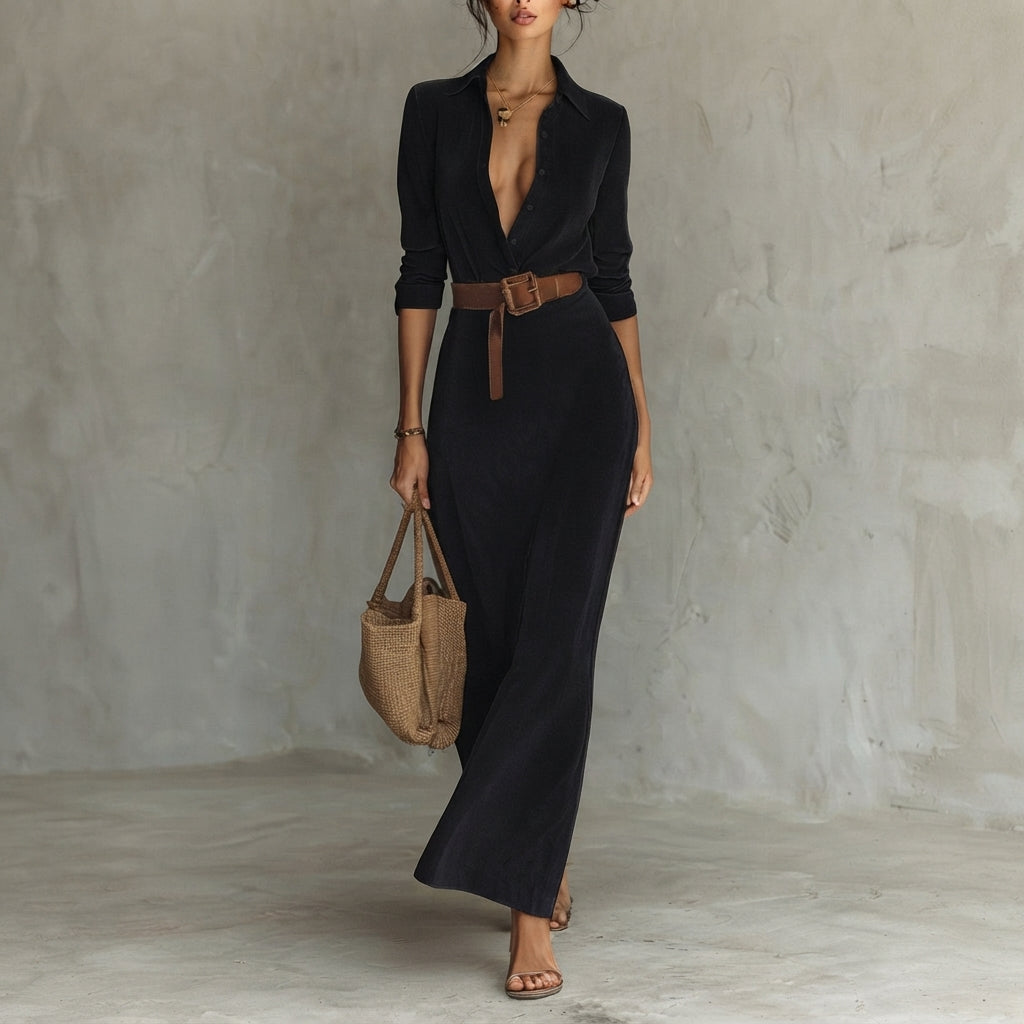 Katharina | Damen Langarm-Maxikleid figurbetonend tailliert mit Gürtel