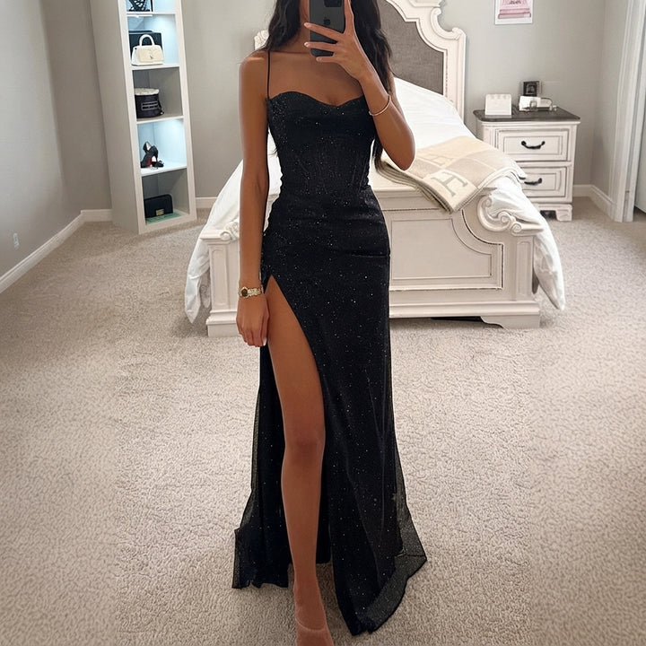 Nora | Damen Pailletten Corsage Maxi Abendkleid mit Beinschlitz