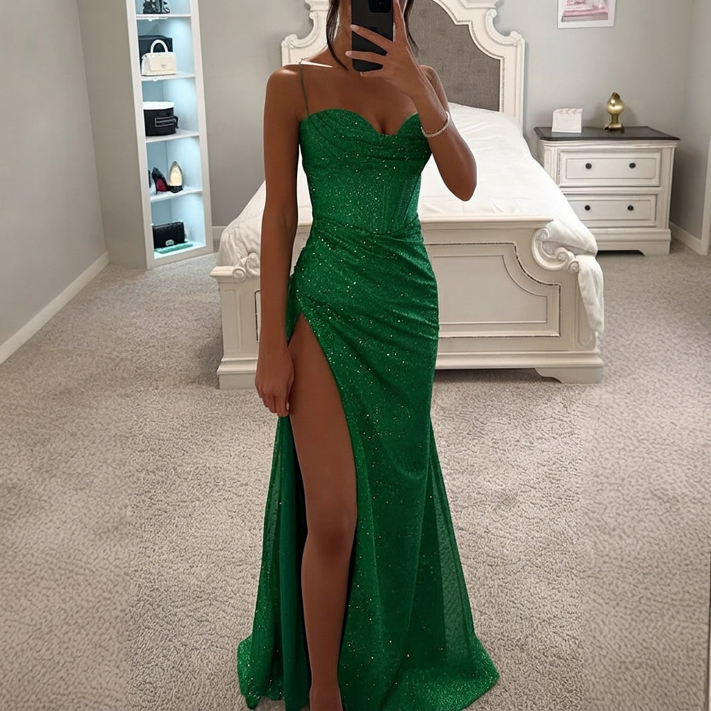 Nora | Damen Pailletten Corsage Maxi Abendkleid mit Beinschlitz