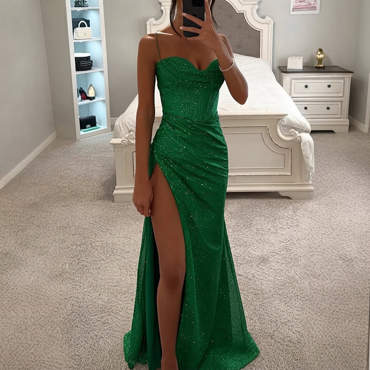 Nora | Damen Pailletten Corsage Maxi Abendkleid mit Beinschlitz