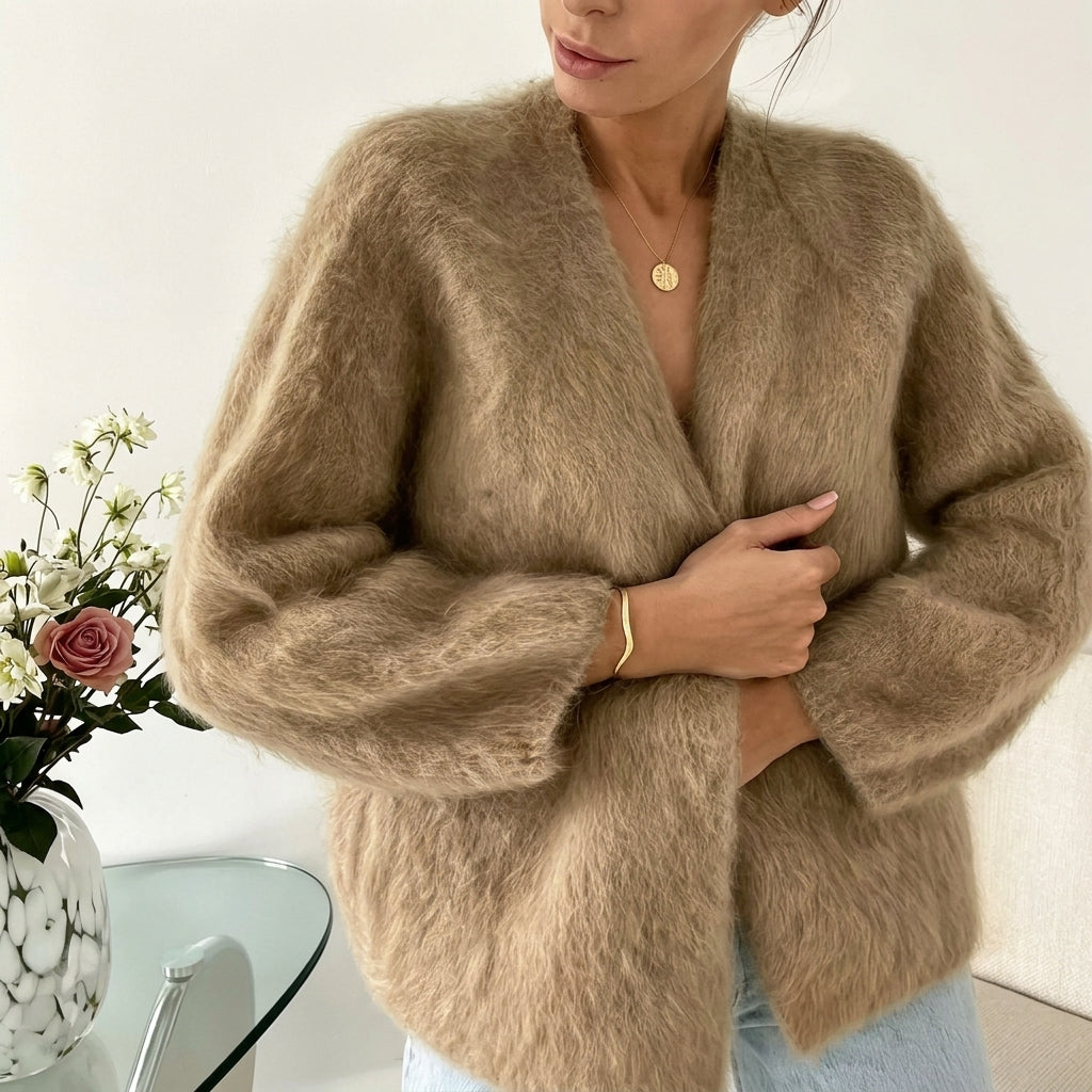 Marie | Damen Flauschiger V-Ausschnitt Strickjacke Cardigan mit Knopfleiste