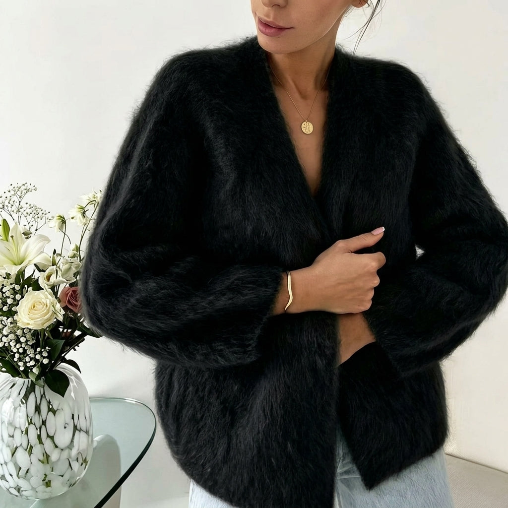 Marie | Damen Flauschiger V-Ausschnitt Strickjacke Cardigan mit Knopfleiste
