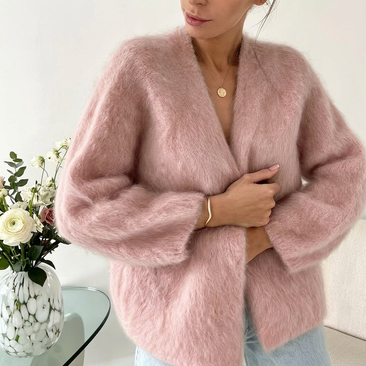 Marie | Damen Flauschiger V-Ausschnitt Strickjacke Cardigan mit Knopfleiste