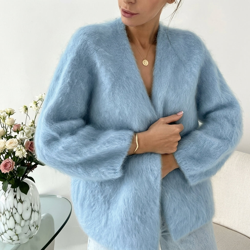 Marie | Damen Flauschiger V-Ausschnitt Strickjacke Cardigan mit Knopfleiste