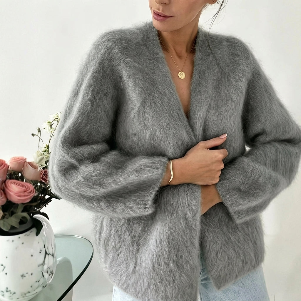 Marie | Damen Flauschiger V-Ausschnitt Strickjacke Cardigan mit Knopfleiste