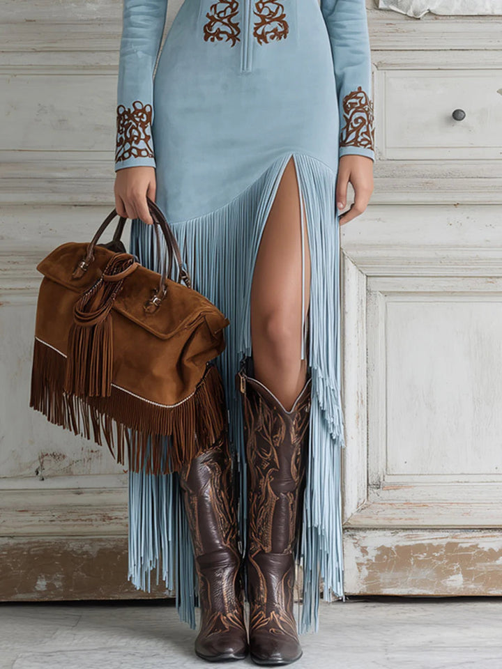 Karin  | Damen Suede Fringe Sommer Maxi Kleid