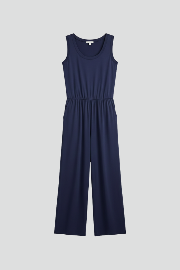 Julia | Damen Rundhals Wide-Leg Jumpsuit mit elastischem Bund