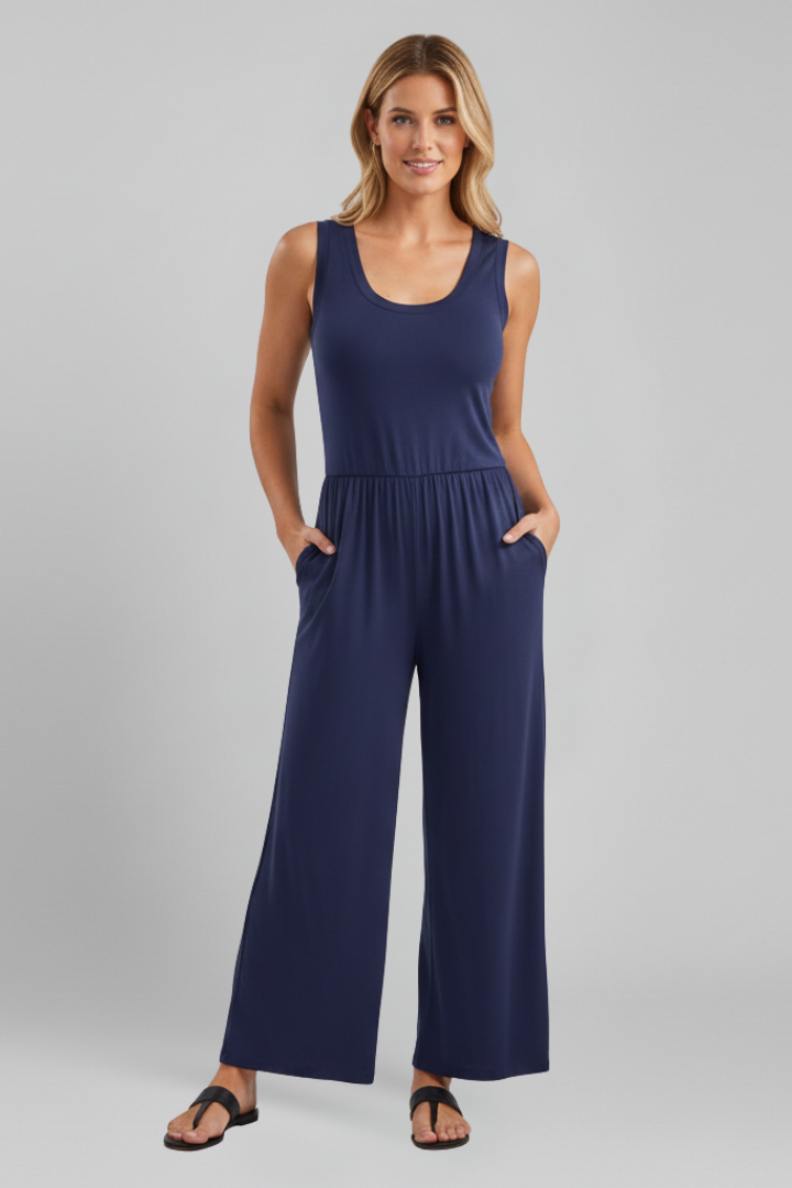 Julia | Damen Rundhals Wide-Leg Jumpsuit mit elastischem Bund