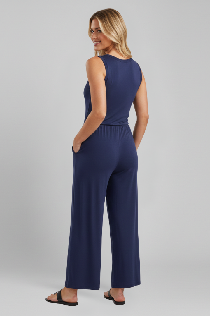 Julia | Damen Rundhals Wide-Leg Jumpsuit mit elastischem Bund