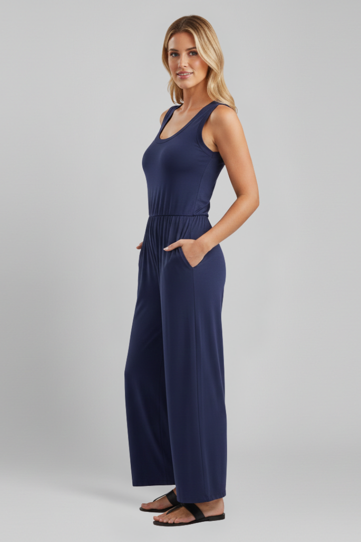 Julia | Damen Rundhals Wide-Leg Jumpsuit mit elastischem Bund