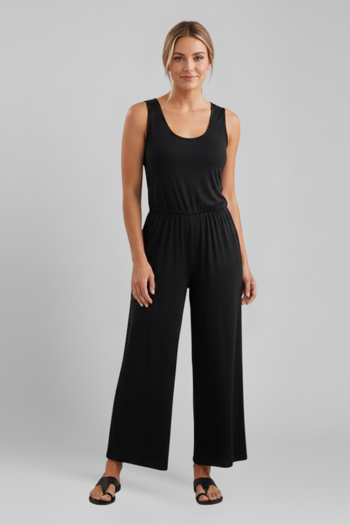 Julia | Damen Rundhals Wide-Leg Jumpsuit mit elastischem Bund