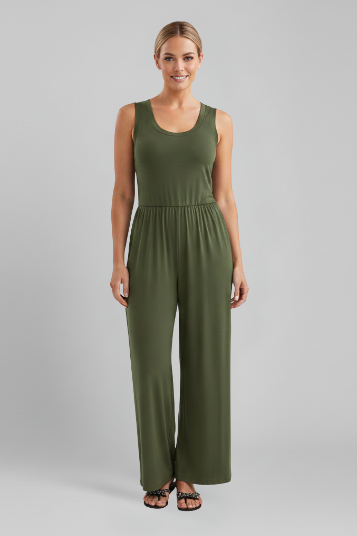 Julia | Damen Rundhals Wide-Leg Jumpsuit mit elastischem Bund