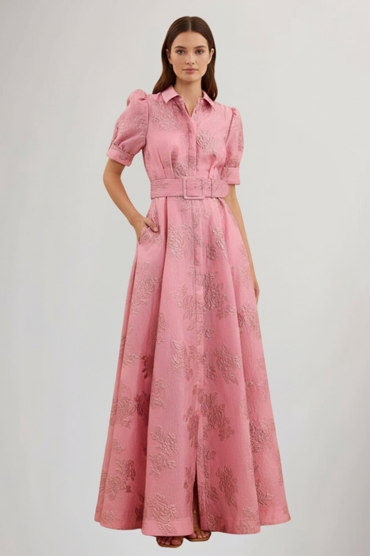 Jasmin | Damen Maxikleid mit Gürtel und kurzen Ärmeln